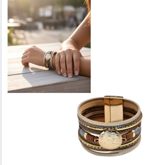 Jewelry - Elegant Boho Layered Cuff Bracelet – Gold & Bronze Leather Mix